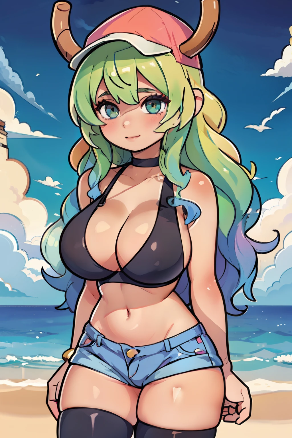 Lucoa, ojos cerrados, sentada en una nube, cielo despejado, ruborizada, con la cara colorada, leyendo manga.