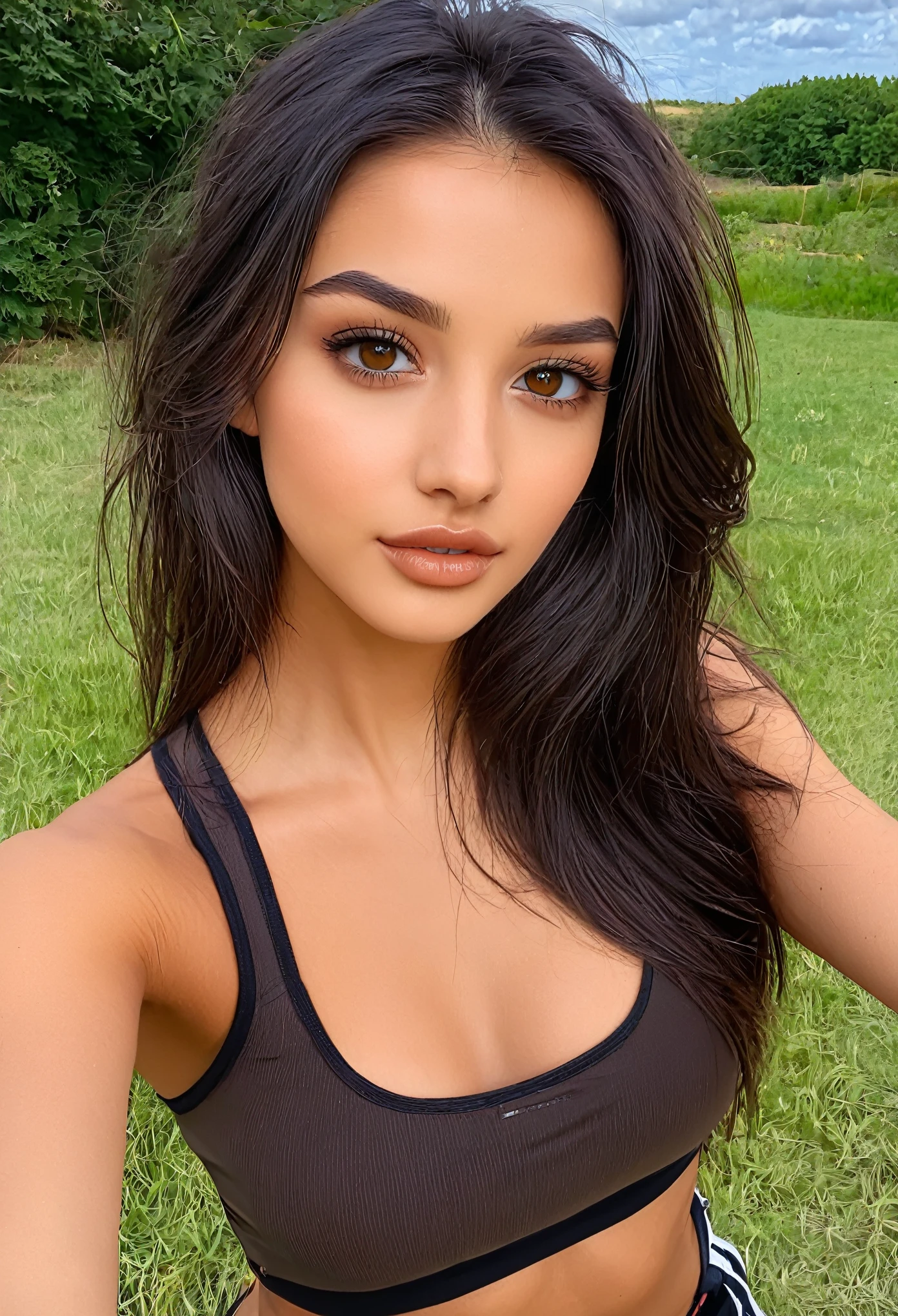 beautiful model posing, Dunkles, glattes Haar, brown eyes – 21 years, sportliche breite Figur, large , Hunter eyes, Selfie outside on a