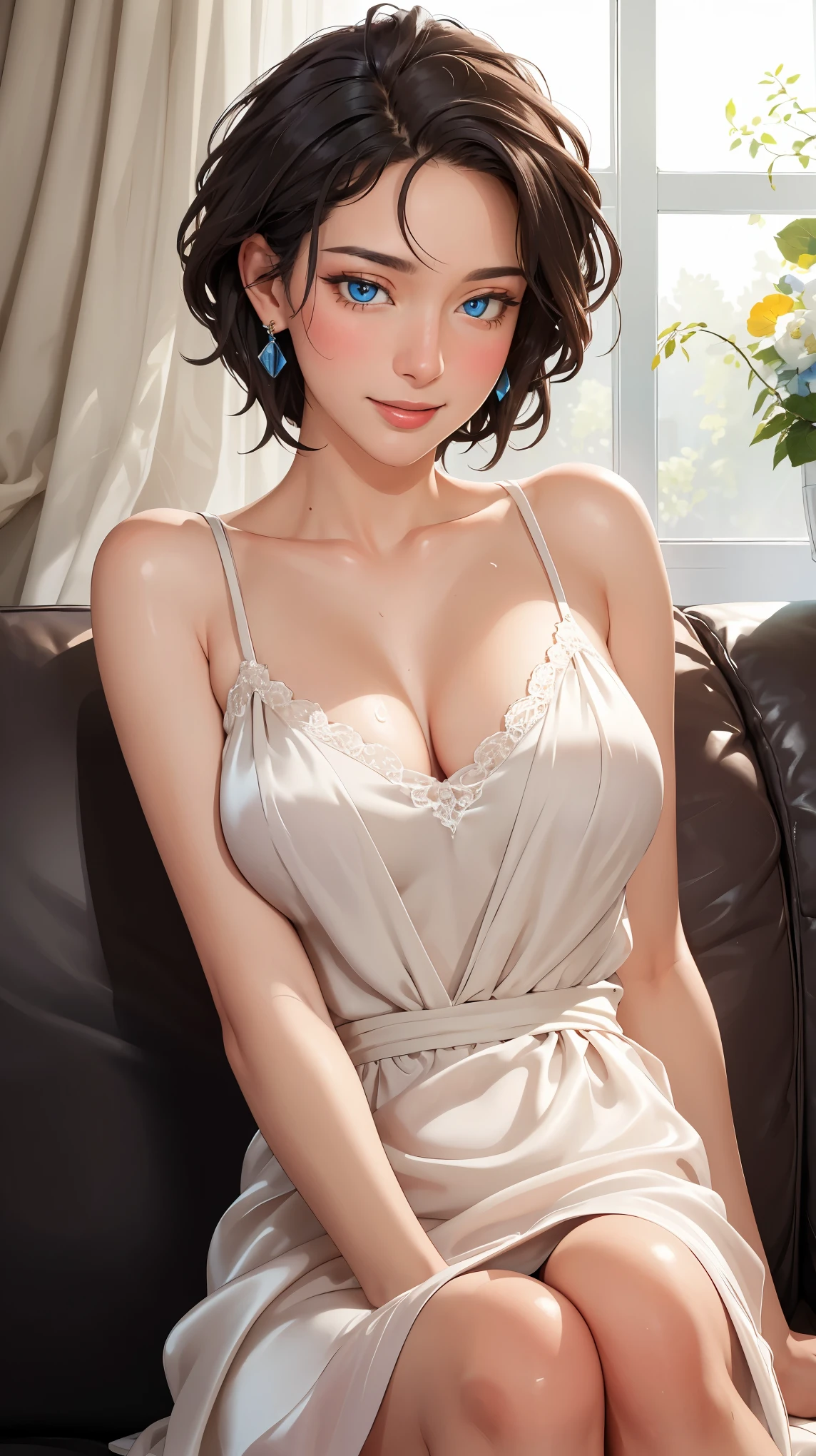 ((((masterpiece, best quality, high resolution)))), Extremely detailed 8K, Beautiful girl with voluptuous body, (Ultra HD, Ultra-detailed, Highly detailed, Highly realistic, Ultra-realistic, photograph realistic), (1girl:1.5), (Realistic black hair), (short wavy hair, earrings), (dynamic poses), facing at camera, looking at viewer, (blushing red, embarrassed, smile), (blue eyes, sharp eyes), (perky breasts:1.2), (beautiful detailed face, beautiful detailed eyes), ((white silk camisole, lace panties)), (standing up), sweat, glow, (sunbeam, sunlight), ((cowboy shot)), bedroom, seductive