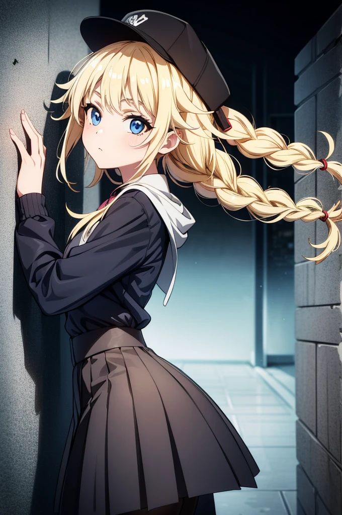 (((grayscale)))(masterpiece:1.2, best quality), (graffiti wall:1.15), super fine illustration,vibrant colors, masterpiece, sharp focus, best quality, depth of field, cinematic lighting,ultra detailed,1girl,1girl,(ganyu \(genshin impact\),genshin impact:1.0),sweater,pantyhose,from below side,looking at viewer,(masterpiece:1.2),(best quality:1.2),newest,ai-generated,Eiko Tsukimi, blue eyes, braid, twin braid,(((blonde hair))),baseball cap,