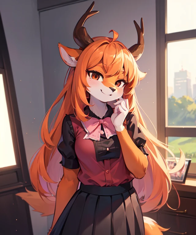 1girl, (anthro furry:1.2), TsunodaCzar, (two-toned fur, orange fur, black eyes, deer ears, horns, snout), (pink blouse, black skirt, smiling), (interior, office), (masterpiece:1.2), hires, ultra-high resolution, 8K, high quality, (sharp focus:1.2), clean, crisp, cinematic,