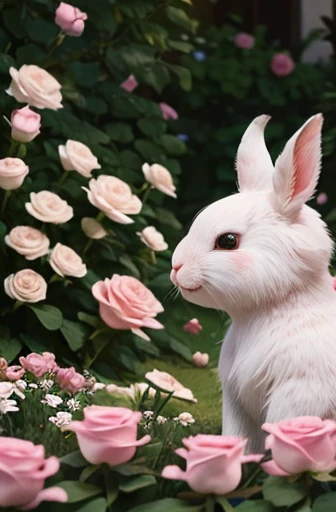 conejo blanco, tierno y esponjoso, el conejo de cupido, rosa, en un jardin de rosas, con un liston rosa en su cuello