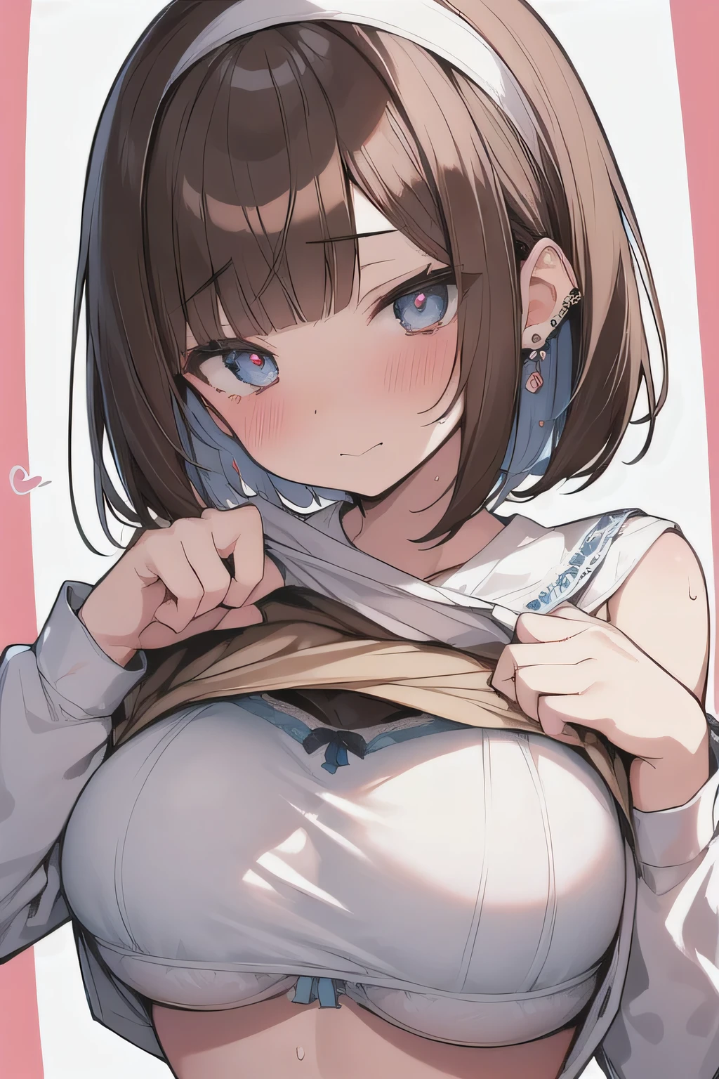 (best quality), (Super detailed), (Best Illustration), (woman), full body, look at viewer, {(white serafuku), (shirt, lift:1.2), (show off bra:1.3)}, (large breasts), {(detailed eyes), (heart-shaped pupils), blue eyes}, {brown hair, (sideburns), (bob cut:1.3), curly hair, hairs between eyes, colored inner hair}, blush, earring,