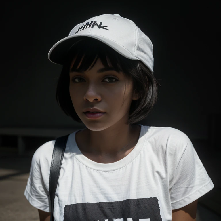 Dark, Sadness, chiaroscuro, black and white, hiphop oldschool, 90s girl, simple background, minimalistic, posing, ((photoshot)), wearing a baseball cap, girl with pixie cut hairstyle, sexy woman, dark background highlighting the figure. natural lighting, stunning realism, minimalistic, simple background, monochrome, baggy t-shirt.