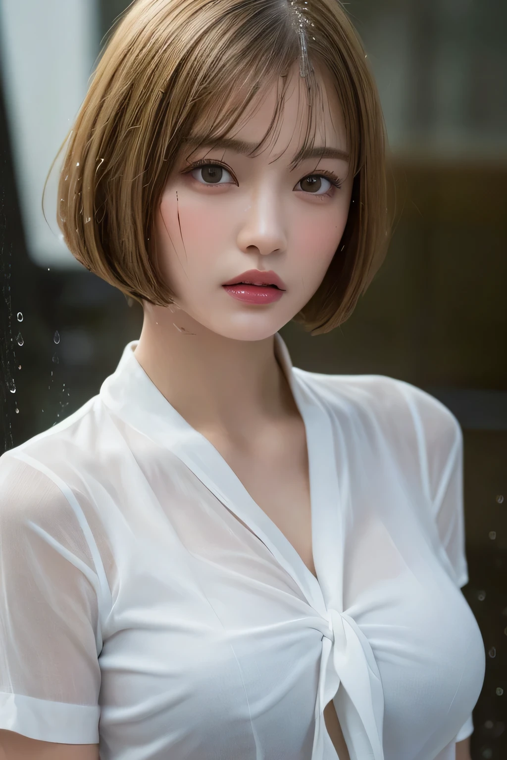 in the car, wearing clothes, (At SFW), (1 girl:1.3), (((In a dark and gloomy world))), shot above the knee, cowboy shot, Viewers are looking up, Japanese, 19 year old supermodel, thin, high school girl, (looking at the viewer:1.37), (highest quality:1.4), 32K resolution, (realistic:1.5), (Super realistic:1.5), High resolution 32k UHD, (masterpiece:1.2)), (Improvement of quality:1.4), (very beautiful facial details), (Highest quality realistic skin texture:1.4), (white skin, wet skin, wet clothes, wet hair:1.5), (perfect anatomy:1.2), (((school uniform, patterned ribbon tie))), ((panties)), No skirts, emphasize the top of the bust, precise fingers, Super detailed, symmetrical eyes, ((view audience)), natural makeup, ((A good eye for quality:1.2)), (tired, sleepy and satisfied:0.0), (fine lips:1.33), (fine nose:1.2), ((big breasts:1.4))((braless)), yellow hair, (Handsome bob cut hair:1.37), rape face, Depth of written boundary, carl zeiss, 85mm f/4,