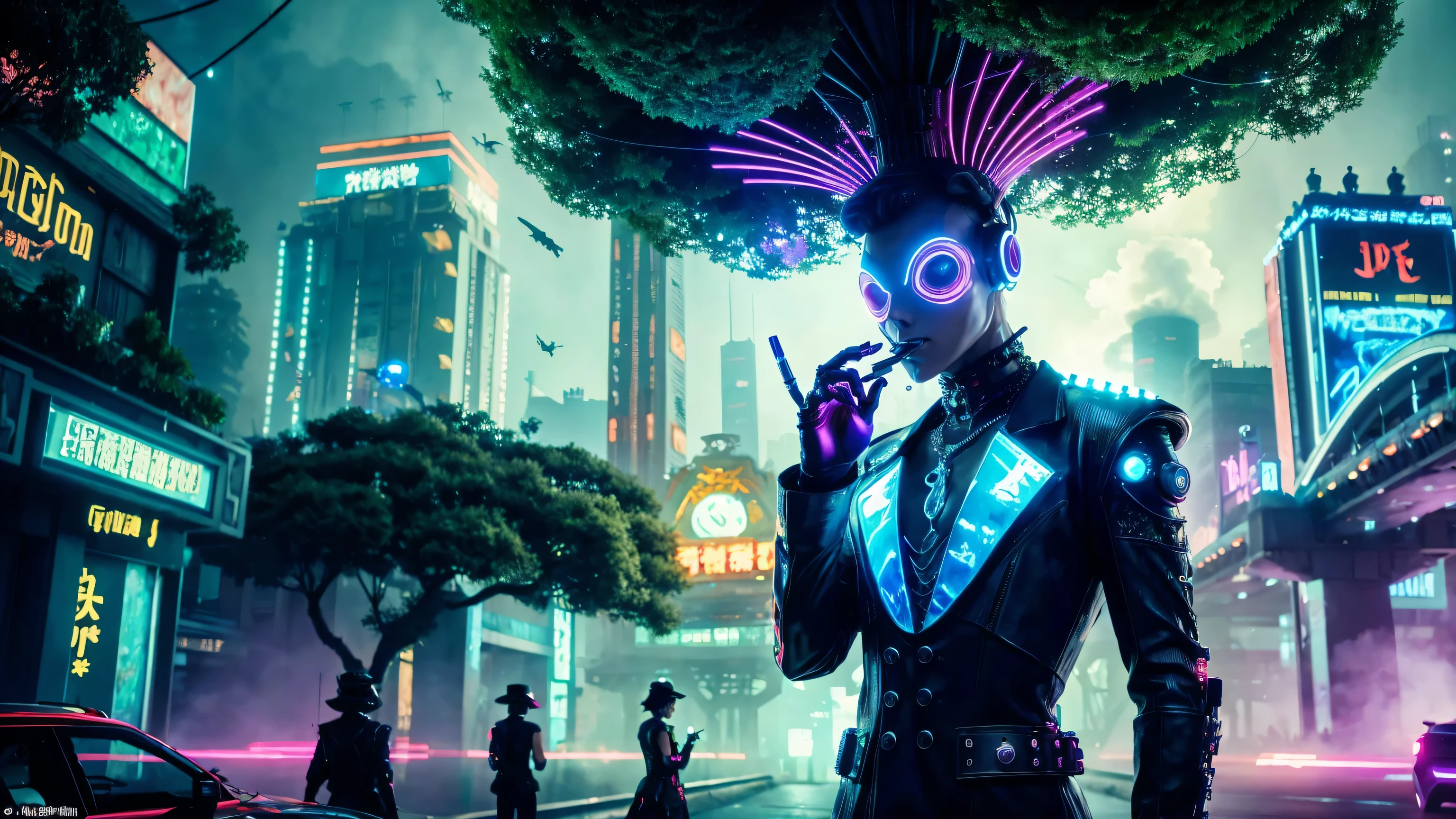8K, Alien wearing a top hat and smoking a cigarette, Hyper, cyber punk, Made from ruins, Skyscraper, Taipei City, Painting of a tree with a bridge, Fantasy valley with trees, Highly detailed fantasy, Fantasy Tree, Colorful detailed dreamscape, Cosmic Tree of Life, Boy looking at pictures