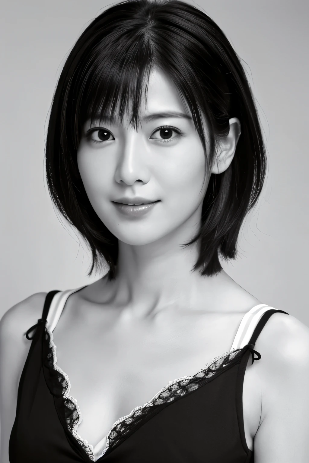 masterpiece, highest quality, Photorealistic, Very detailed, High resolution, 8k wallpaper, ((Black and white photography)), 1 girl, Skinny Japanese woman, (((Look forward))), ((Only the lips are red)), ((服はBlack and white photography)), short hair, Cleavage, Perfect Face, Straight hair, ((Look straight at the camera))