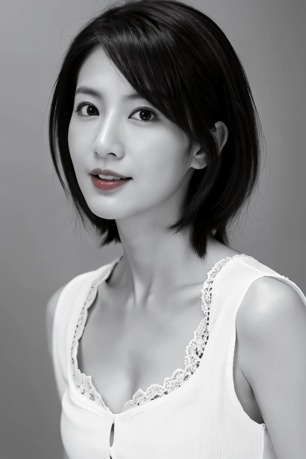 masterpiece, highest quality, Photorealistic, Very detailed, High resolution, 8k wallpaper, ((Black and white photography)), 1 girl, Skinny Japanese woman, (((Look forward))), ((Only the lips are red)), ((服はBlack and white photography)), short hair, Cleavage, Perfect Face, Straight hair, ((Look straight at the camera))