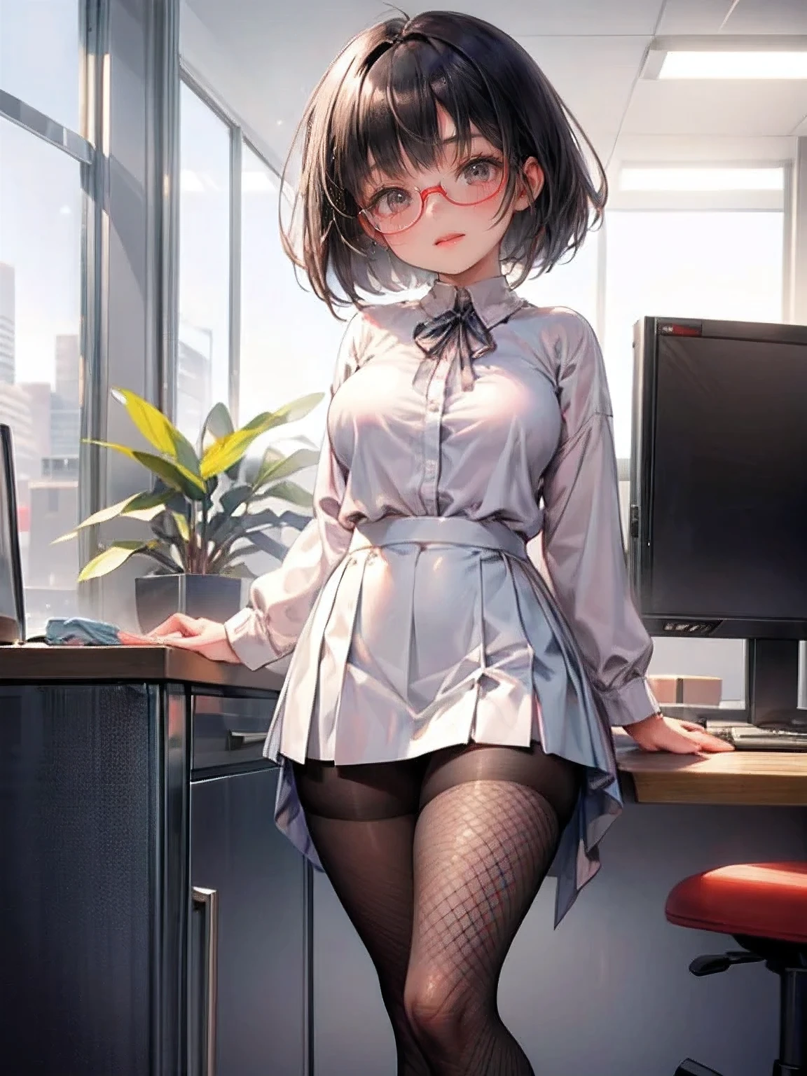 full-body shot, (cute girl, shiny jet black hair:1.2, straight hair, blunt bangs:1.2, bob cut:1.2, bright rosy lips, sparkling eyes, gently smile, head tilt), drooping eyes:1.4, round glasses, cloptop:1.2, white skirt:1.2, standing in offices, big breasts, fishnet tights