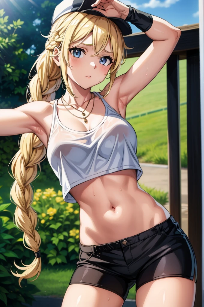 a sexy woman with long blonde hair wearing athletic shorts in a parking lot, 1girl, blonde hair, jewelry, navel, braid, sweat, solo, looking at viewer, armpits, hat, necklace, long hair, bike shorts, breasts, shorts, midriff