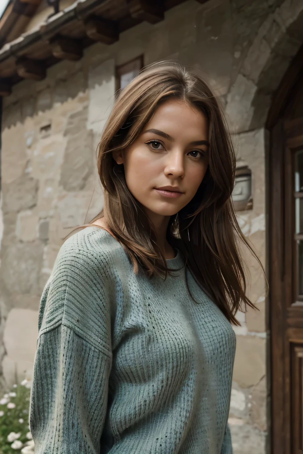 Fotorealistisch, best quality, hyperdetaoiliert, beautiful woman, Selfiefoto, upper body, alleine, Pullover tragen, outside, Berge, echte Natur, lange braune gelockte Haare, blaue Augen, klarer Himmel, Instagram-LUT, Hauttextur, Sommersprossen, leichter olive taint,