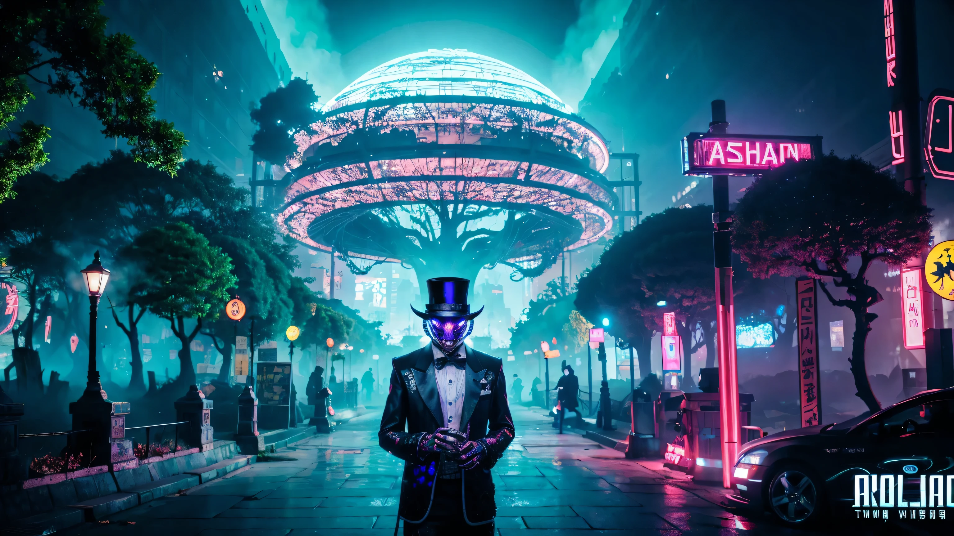 8K, Alien wearing a top hat and smoking a cigarette, Hyper, cyber punk, Made from ruins, Skyscraper, Taipei City, Painting of a tree with a bridge, Fantasy valley with trees, Highly detailed fantasy, Fantasy Tree, Colorful detailed dreamscape, Cosmic Tree of Life, Boy looking at pictures