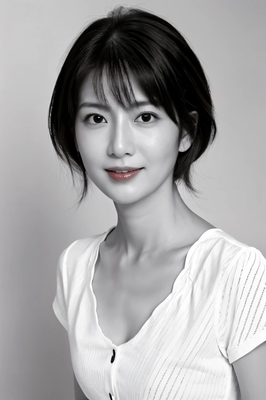 masterpiece, highest quality, Photorealistic, Very detailed, High resolution, 8k wallpaper, ((Black and white photography)), 1 girl, Skinny Japanese woman, (((Look forward))), ((Only the lips are red)), ((服はBlack and white photography)), short hair, Cleavage, Simple V-neck shirt, Perfect Face, Straight hair, ((Look straight at the camera))