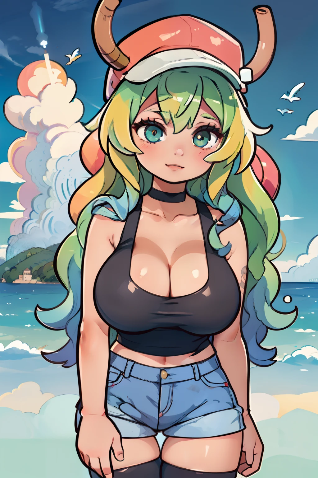 Lucoa con los ojos cerrados, sentada en una nube en un cielo despejado, ruborizada, con la cara colorada leyendo manga.