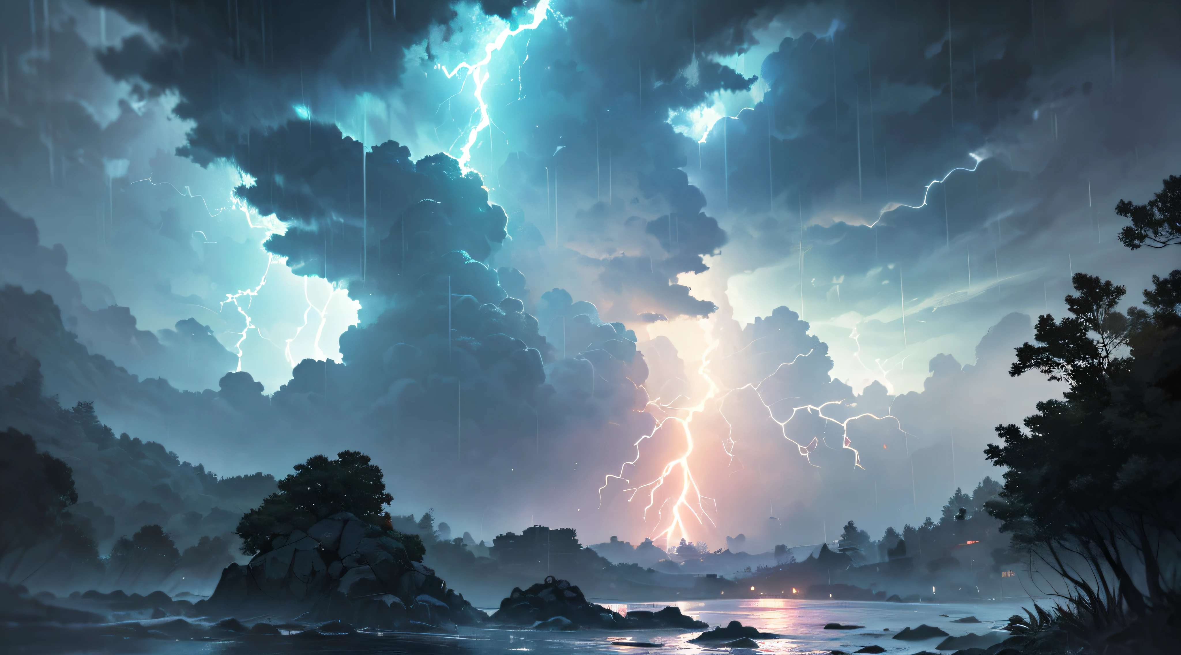 masterpiece、Background with((Fantastic Great Storm、lightning bolt、lightning、plural、very heavy rain))、Depth((Luminous Planets))、Looking up