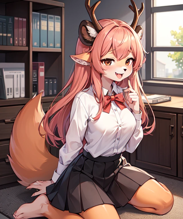 1girl, (anthro furry:1.2), TsunodaCzar, (two-toned fur, orange fur, black eyes, deer ears, horns, snout), (pink blouse, black skirt, smiling), (interior, office), (masterpiece:1.2), hires, ultra-high resolution, 8K, high quality, (sharp focus:1.2), clean, crisp, cinematic,White shirt、Open your mouth、、Ahegao、Stick out your tongue、Open your mouth wide、Kneeling