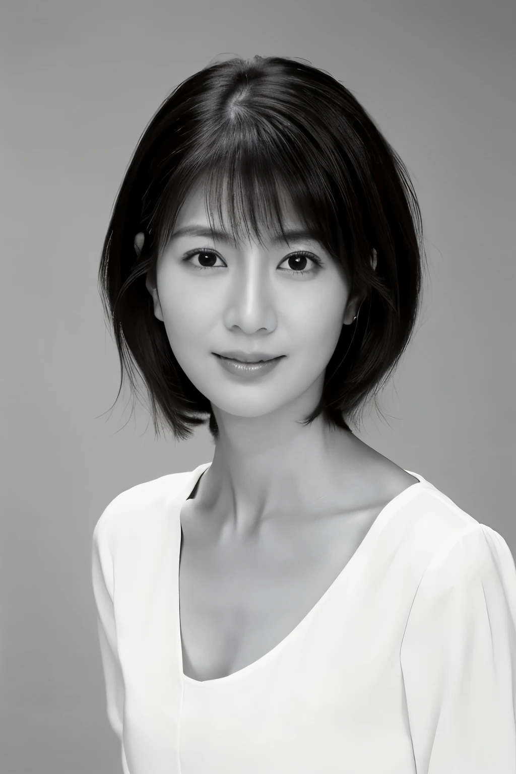 masterpiece, highest quality, Photorealistic, Very detailed, High resolution, 8k wallpaper, ((Black and white photography)), 1 girl, Skinny Japanese woman, (((Look forward))), ((Only the lips are red)), ((服はBlack and white photography)), short hair, Cleavage, Simple V-neck shirt, Perfect Face, Straight hair, ((Look straight at the camera))