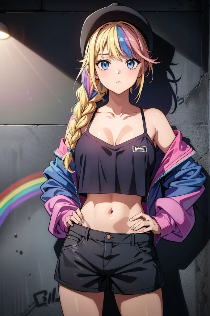 (((grayscale)))(masterpiece:1.2, best quality), (graffiti wall:1.15), super fine illustration,vibrant colors, masterpiece, sharp focus, best quality, depth of field, cinematic lighting,ultra detailed,1girl,heavy metal:1.5,
one beautiful woman,(solo),(20 years old),
large breast,(purple rip),
(rainbow hair:1.5),
disheveled hair:1.3,
((hair standing)),medium hair,
(blue eyes),(slant eyes:1.5),
(beautiful detailed eyes),
provocation,looking at viewer,
no ornaments,
(((colorful wear))),colorful cloths:1.5,
jacket,opened jacket,bare shoulders,
short pants,navel,
((cowboy shot)),hand on hip,
((front light)),natural lighting,
(((no background))),((simple background)),
(white background),
((masterpiece)), (best quality),
(ultra-detailed),(perfect anatomy),
high resolution,detailed line art,
sharp focus,dirtypairkei, headband, uniform, crop top,rainbow hair,Eiko Tsukimi, blue eyes, braid, twin braid,(((blonde hair))),baseball cap,