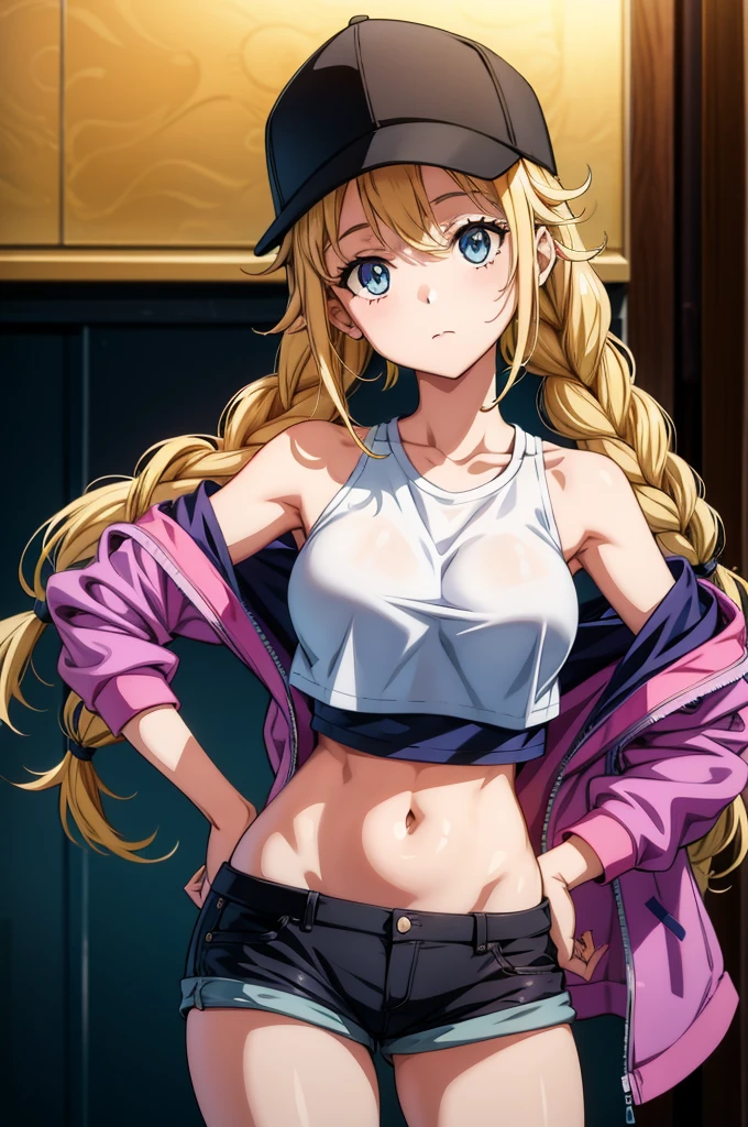 a anime anime poster of a pretty girl in a shirt and cap, 1girl, solo, breasts, shorts, hat, navel, blue eyes, blonde hair, hands on hips, crop top, twin braids, baseball cap, braid, off shoulder, jacket, bare shoulders, looking at viewer, short shorts, midriff, stomach, black headwear, large breasts, cowboy shot, purple jacket, closed mouth, long hair, long sleeves