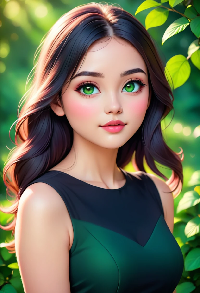 Best quality,high resolution,Ultra-detailed,(Realistic:1.37),(portrait:1.1),(photography:1.1),Vivid colors,soft lighting,beautiful detailed eyes,beautiful detailed lips,(long hair:1.1),(natural beauty:1.1),graceful pose,(black dress:1.1),rosy cheeks,green garden background,subtle bokeh,serene ambience