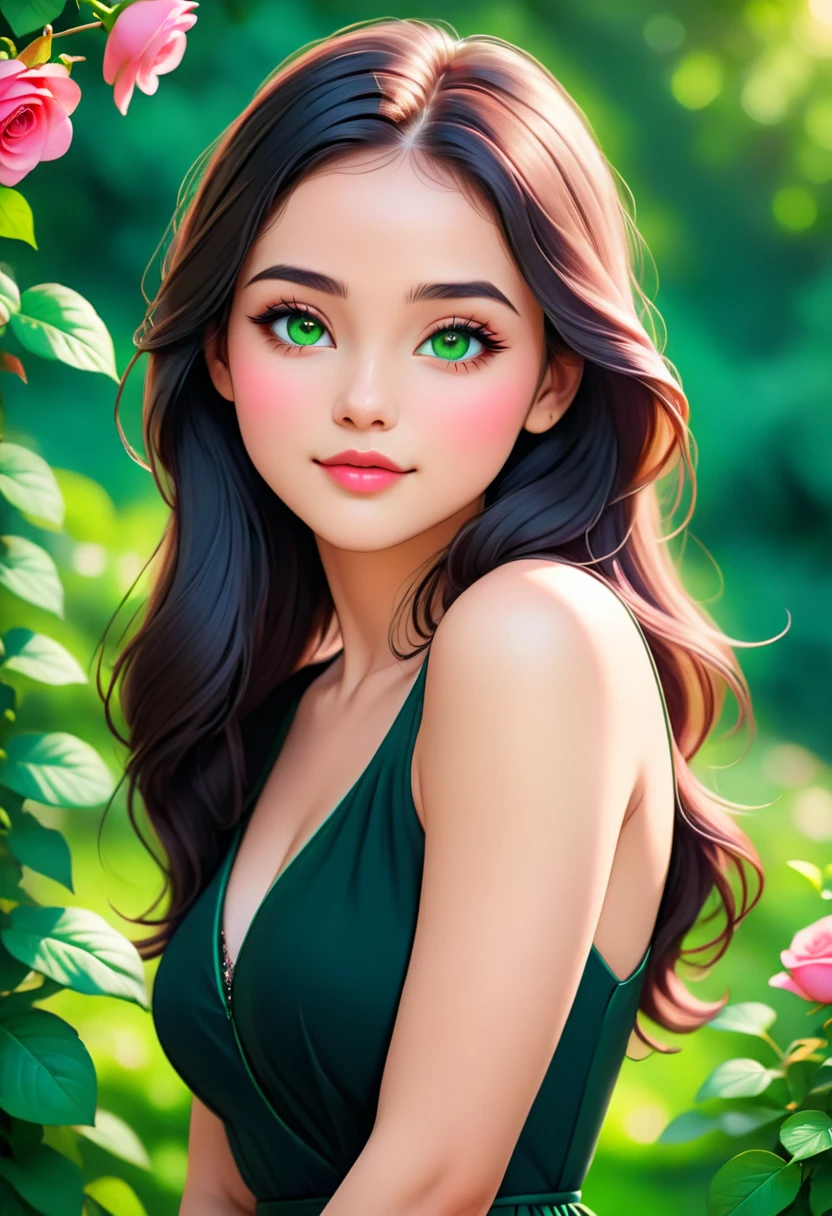 Best quality,high resolution,Ultra-detailed,(Realistic:1.37),(portrait:1.1),(photography:1.1),Vivid colors,soft lighting,beautiful detailed eyes,beautiful detailed lips,(long hair:1.1),(natural beauty:1.1),graceful pose,(black dress:1.1),rosy cheeks,green garden background,subtle bokeh,serene ambience