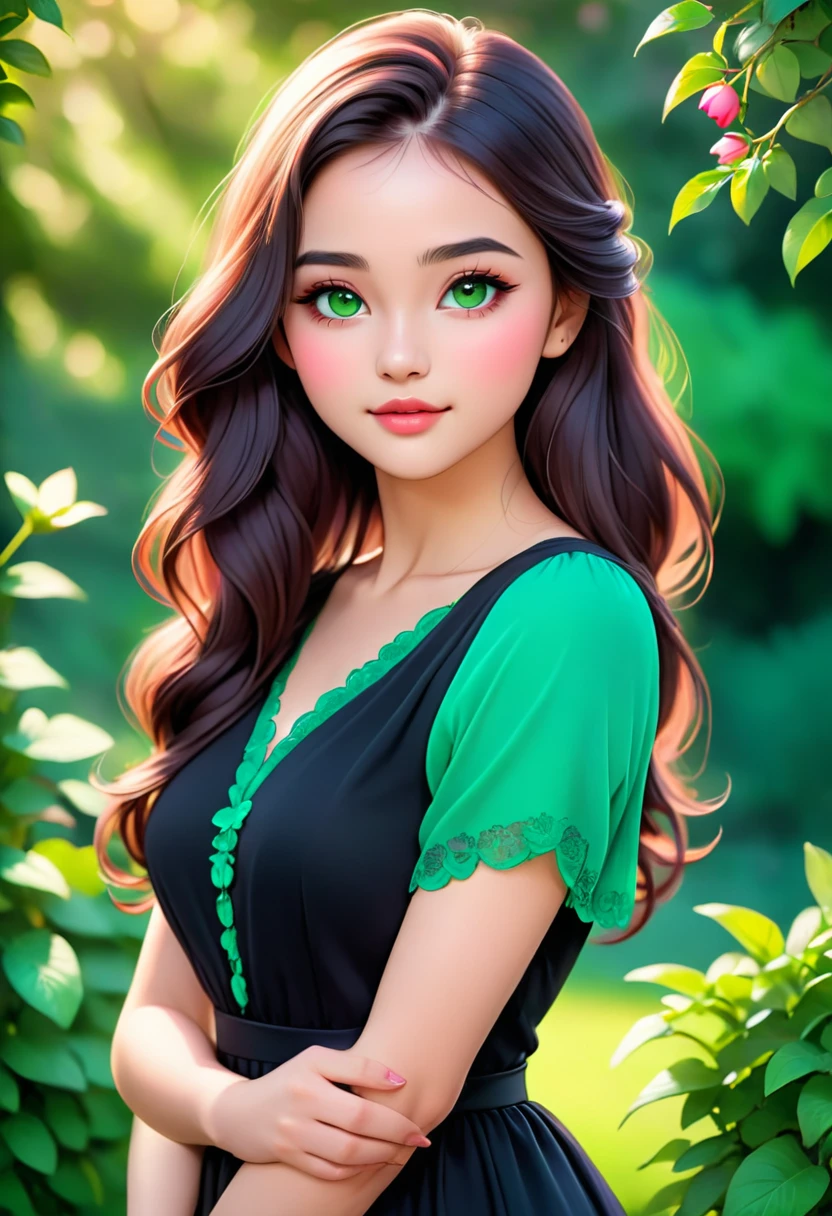 Best quality,high resolution,Ultra-detailed,(Realistic:1.37),(portrait:1.1),(photography:1.1),Vivid colors,soft lighting,beautiful detailed eyes,beautiful detailed lips,(long hair:1.1),(natural beauty:1.1),graceful pose,(black dress:1.1),rosy cheeks,green garden background,subtle bokeh,serene ambience