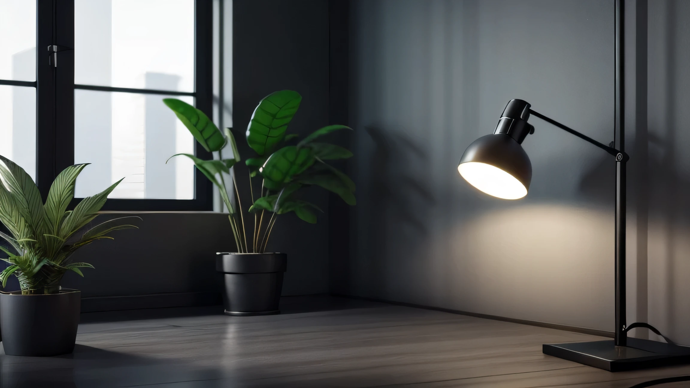 Background for a studio for for video recording, Realistic urban setting, Photography, A lamp in background, 2 Indoor plants, Cozy room with moody lighting, ultra realistic room hyper realistic interior, 4k, 8k, close up shot, small room, photo studio