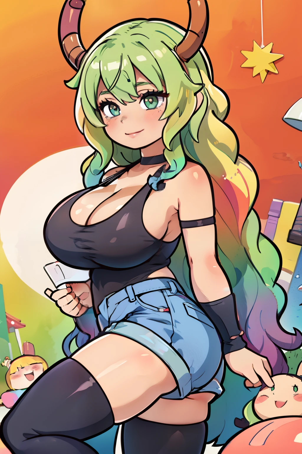 Lucoa en chibi, sonriente, feliz, sentada sobre un arcoiris, leyendo, pomulos sonrojados, ruborizada, ojos cerrados