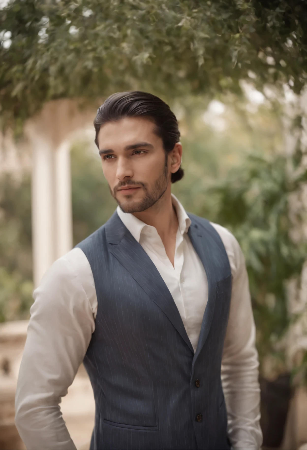 The character stands with straight arms., dark hair (Long hair, neck tied with a ponytail.), Good poses, Handsome Man, pretty face, Caucasian, bearded indian face, royal elegant pose, businessman, (In a striped blazer.), (The surrounding environment is an elegant and classic living room.) (Sand tone images)