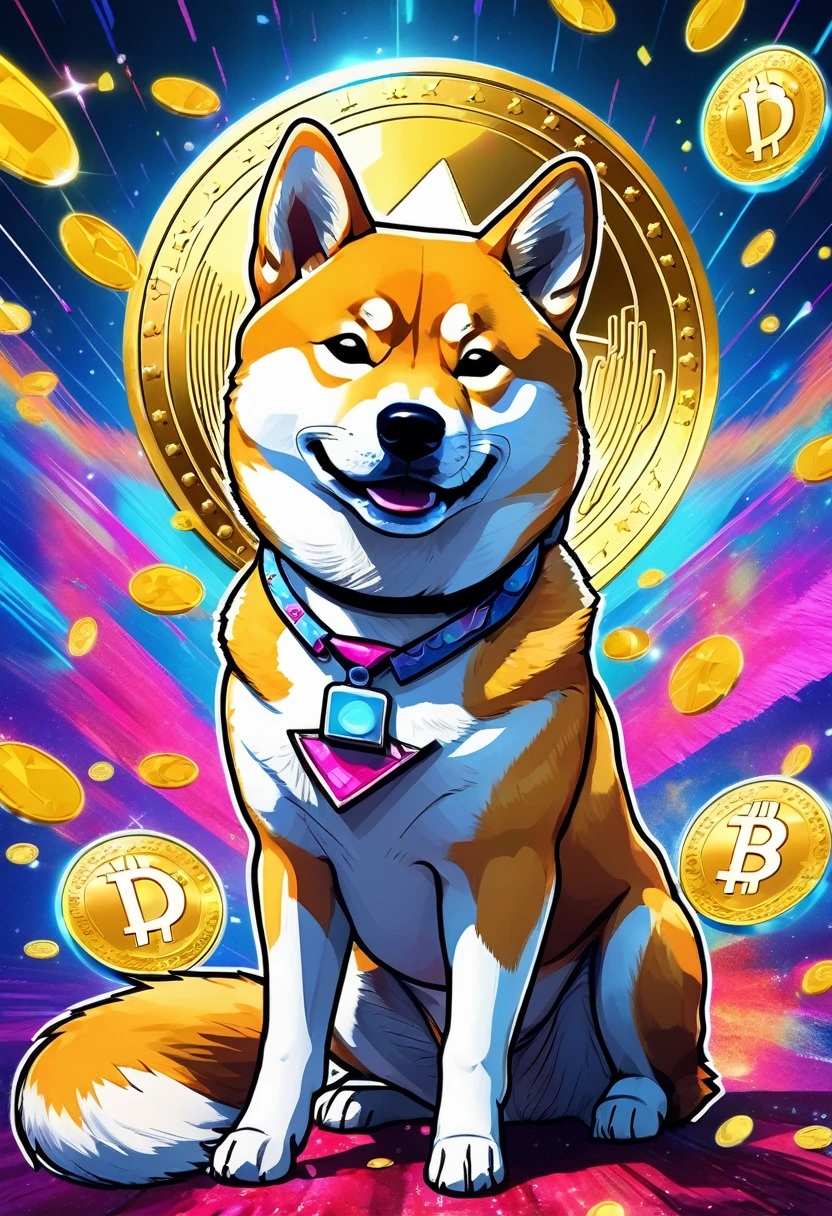 (best quality,4k,8k,highres,masterpiece:1.2),ultra-detailed,(realistic,photorealistic,photo-realistic:1.37),a Shiba Inu,dogecoin artstyle,aesthetic,memorable eyes,cheerful expression,cute round face,fluffy ears,curled tail,playful demeanor,vibrant colors,comic book illustration,vibrant background,digital painting,humorous depiction,stylized rendering,dynamic pose,suchi big doge,comic style shading,comic bubbles,elevated height perspective,shiba wearing sunglasses,dogecoin logo in the background,doge cryptocurrency mascot,eye-catching composition,funny captions,retro comic aesthetic,motion lines,emphasis of wow factor,doge meme reference,colorful bokeh lights,,impactful lighting,modern pop art influences,attention to brand identity,stylized typography,playful typography design,detailed fur texture,digital brush strokes.