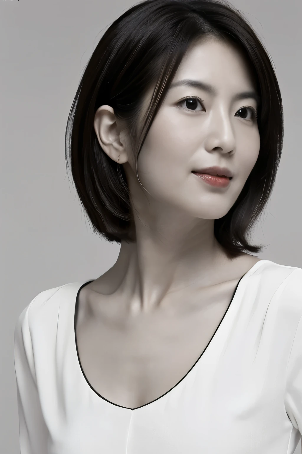 masterpiece, highest quality, Photorealistic, Very detailed, High resolution, 8k wallpaper, ((Black and white photography)), 1 girl, Skinny Japanese woman, (((Look forward))), ((Only the lips are red)), ((服はBlack and white photography)), short hair, Cleavage, Simple V-neck shirt, Perfect Face, Straight hair, ((Look straight at the camera))