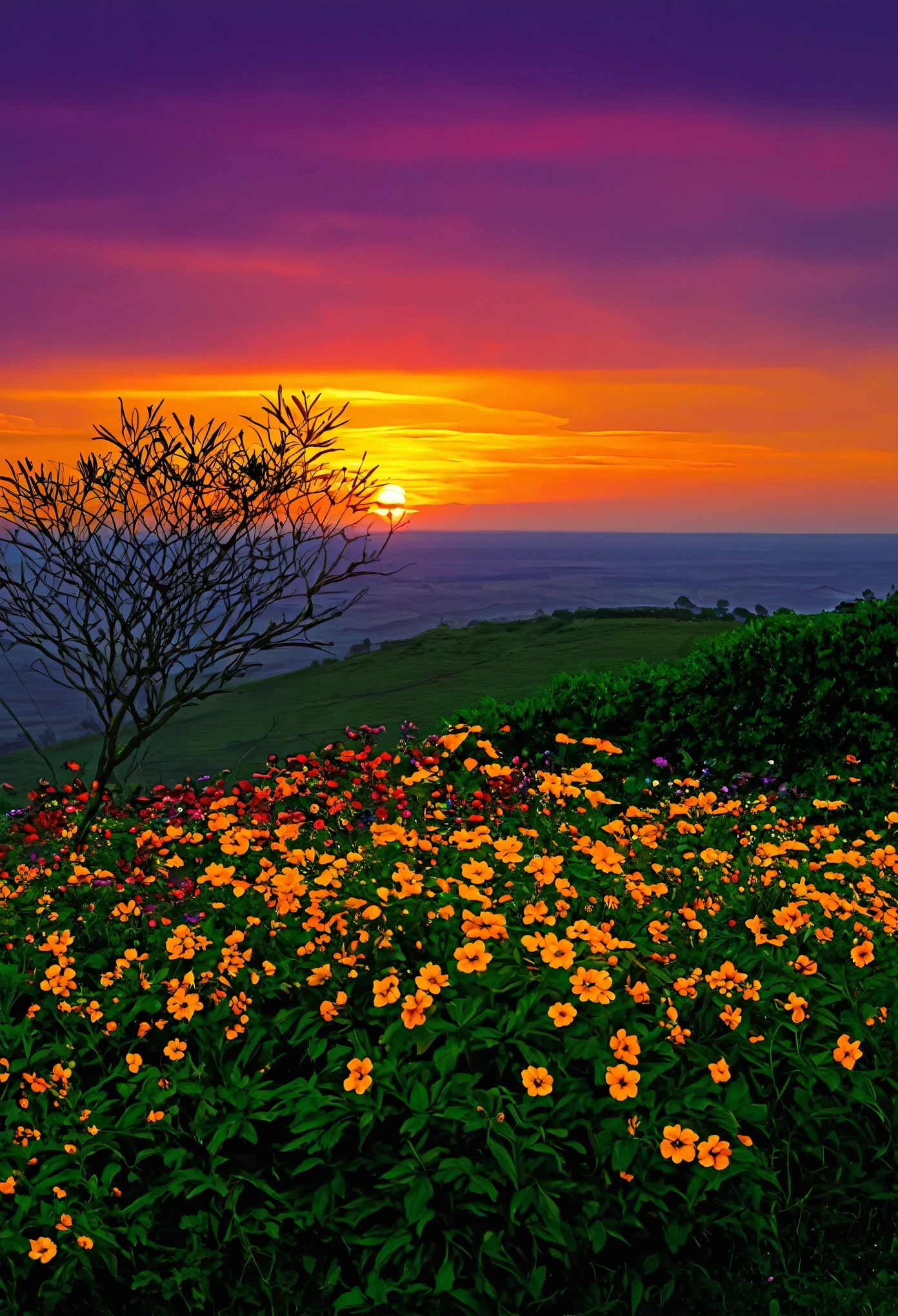 Sunset over a field of flowers with a tree in the foreground - SeaArt AI