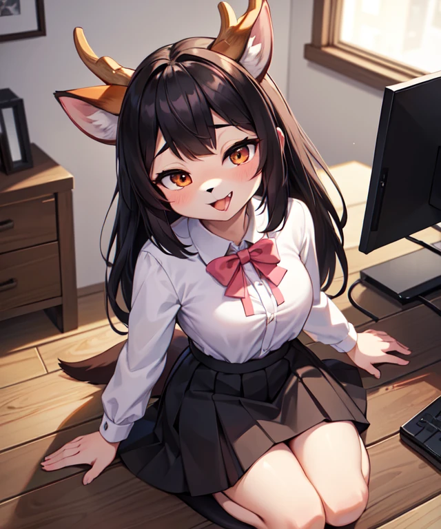 1girl, (anthro furry:1.2), TsunodaCzar, (two-toned fur, orange fur, black eyes, deer ears, horns, snout), (pink blouse, black skirt, smiling), (interior, office), (masterpiece:1.2), hires, ultra-high resolution, 8K, high quality, (sharp focus:1.2), clean, crisp, cinematic,White shirt、Open your mouth、、Ahegao、Stick out your tongue、Open your mouth wide、Kneeling、underwear、Sit in front、Looking up、A large amount of 、transparent、American、Young、Black Hair