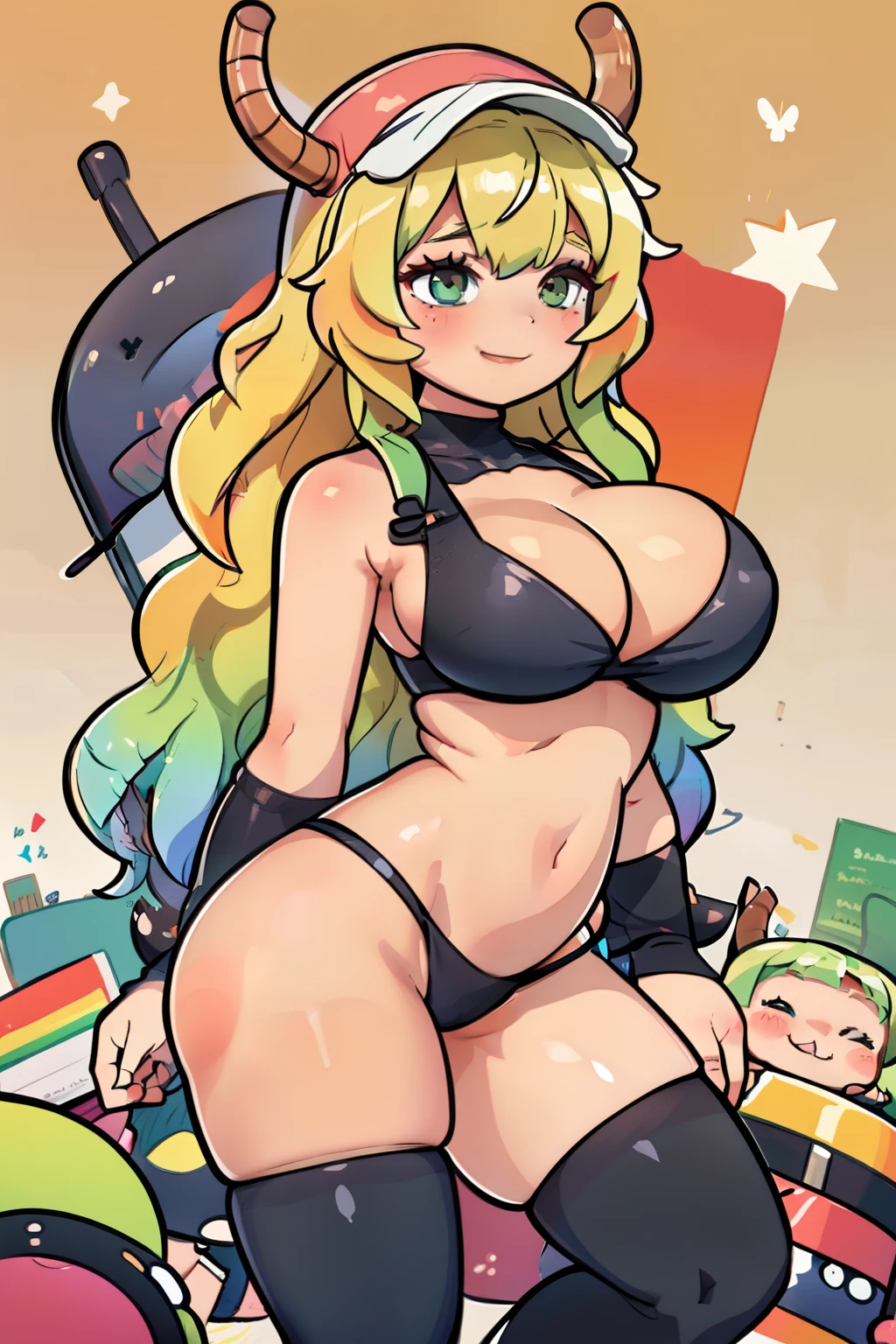 Lucoa en chibi, sonriente, feliz, sentada sobre un arcoiris, leyendo, pomulos sonrojados, ruborizada, ojos cerrados