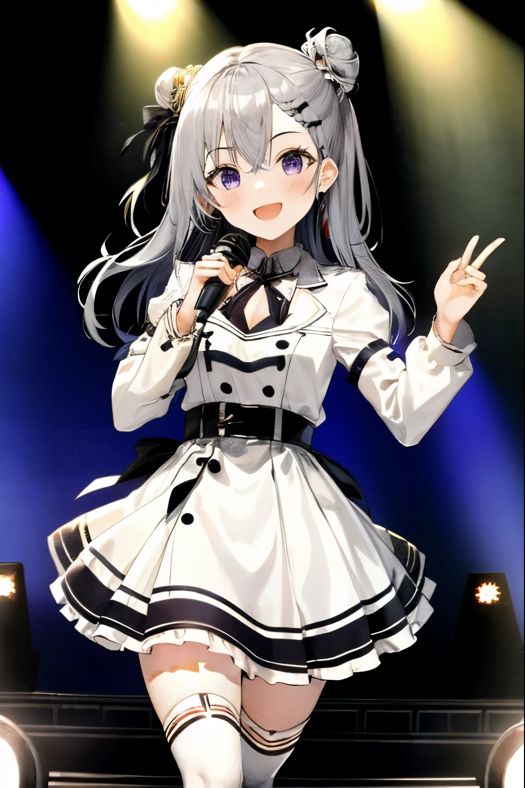 Zeta, Ho****ve ID, One girl, alone, Idol Dress, AKB48 Costume, grab mic, Singing style, black Knee socks, chest, chestの谷間, Pleated skirt, Hair between the eyes, Long Hair, hair ornaments, Double corn hair bun, View your viewers, Messy Hair,  Silver Hair, Purple eyes, alone, Knee socks, Thighs, Long Hair, ((masterpiece)), Are standing, Sexy pose, blush, shy, smile, Open your mouth, stage, on stage, stage light, idol stage, concert,