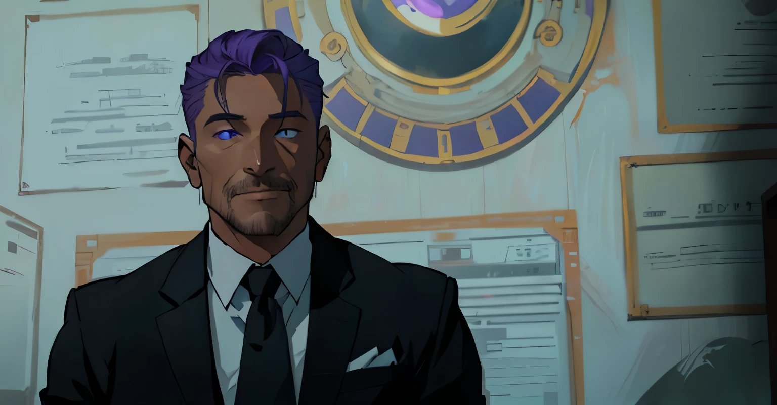  a 45 year old man with violet hair, violet eyes