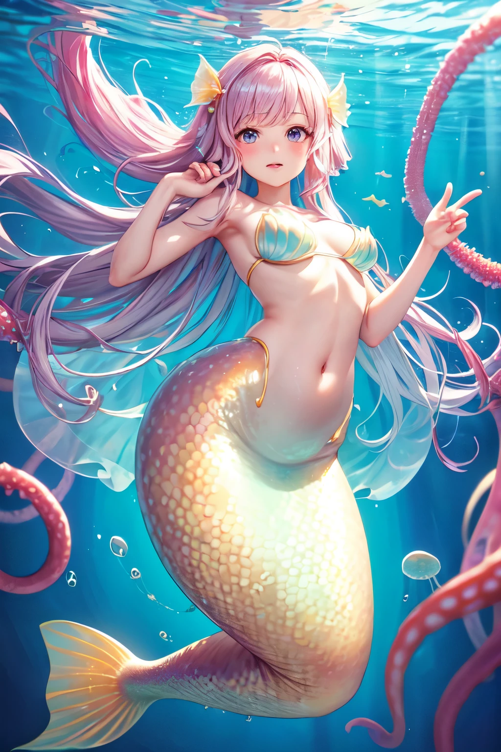 ((Best quality)), ((masterpiece)), (detailed), perfect face, jellyfish girl, jellyfish, tentacles, transparency, seabed, bottom, rainbow, pearl, mermaid, transparent body