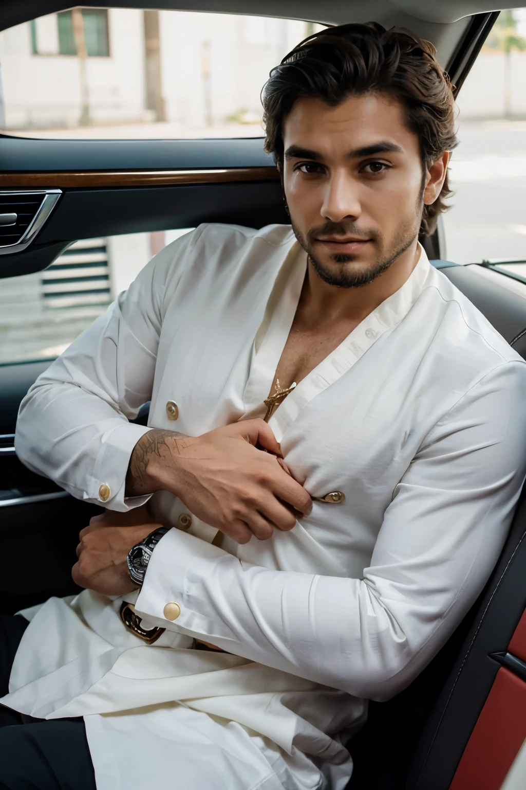 Homem elegante sentado no banco de um supercarro, homem jovem, Vestindo um terno com a virilha mostrando o pau para cima., Imagem realista, cabelo escuro, sem barba