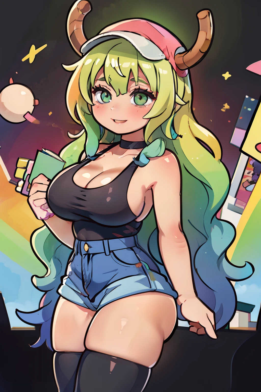 Lucoa en chibi, sonriente, feliz, sentada sobre un arcoiris, leyendo, pomulos sonrojados, ruborizada, ojos cerrados