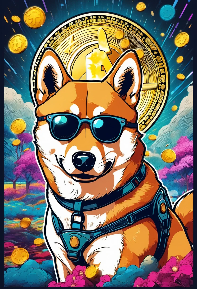 (best quality,4k,8k,highres,masterpiece:1.2),ultra-detailed,(realistic,photorealistic,photo-realistic:1.37),a Shiba Inu,dogecoin artstyle,aesthetic,memorable eyes,cheerful expression,cute round face,fluffy ears,curled tail,playful demeanor,vibrant colors,comic book illustration,vibrant background,digital painting,humorous depiction,stylized rendering,dynamic pose,suchi big doge,comic style shading,comic bubbles,elevated height perspective,shiba wearing sunglasses,dogecoin logo in the background,doge cryptocurrency mascot,eye-catching composition,funny captions,retro comic aesthetic,motion lines,emphasis of wow factor,doge meme reference,colorful bokeh lights,,impactful lighting,modern pop art influences,attention to brand identity,stylized typography,playful typography design,detailed fur texture,digital brush strokes.