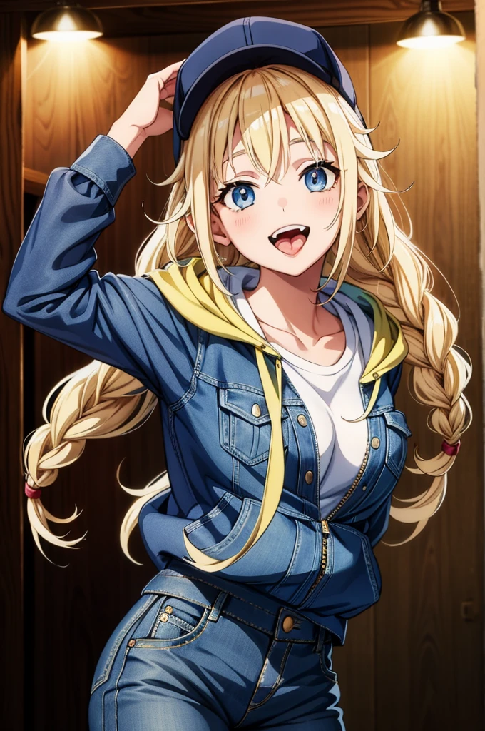 blonde blonde anime girl dressed in a hoodie, jacket and jeans, 1girl, solo, blue eyes, blonde hair, denim, hat, jeans, breasts, braid, pants, shirt, long hair, jacket, looking at viewer, open mouth, smile, tongue, white headwear, beanie