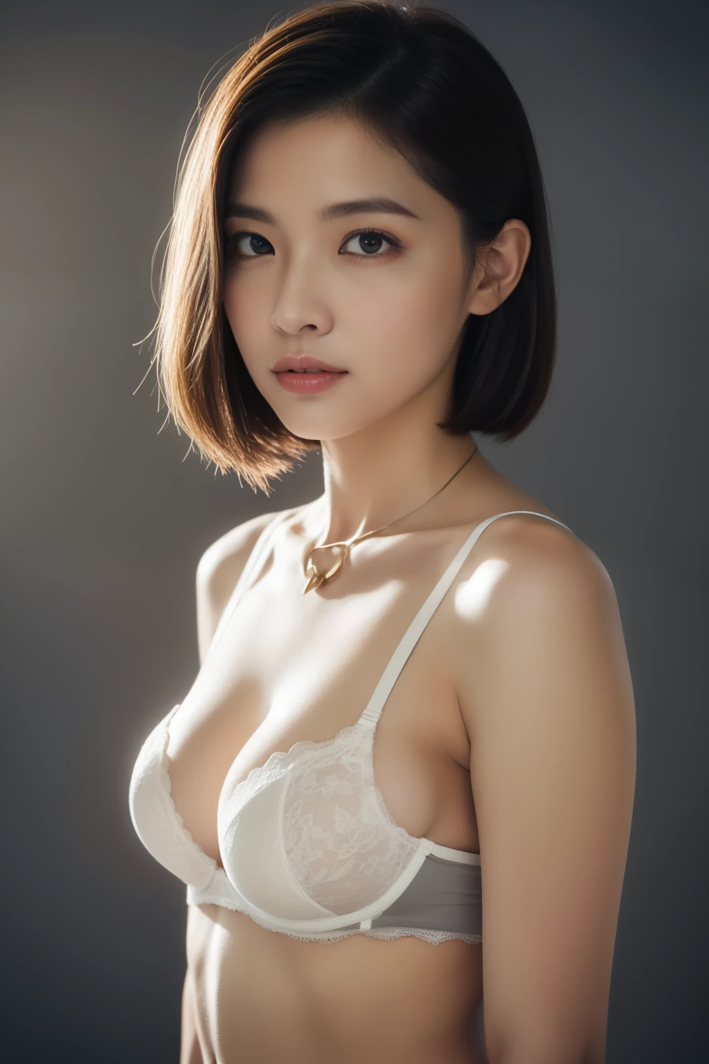 asian lady (white bra), necklace, small breast, rounded shape breast, ((she)), ((mid-shot, full body, slender waist)), Hair Up Do、 Glowing eyes, nose blush, Carl Larsson, Alfonse Mucha, Chiaroscuro, Film Glenn, reflective light, (((mid-Shot))), waist to top,longshot show full body, masterpiece, high details, ((gray background, studio light ))