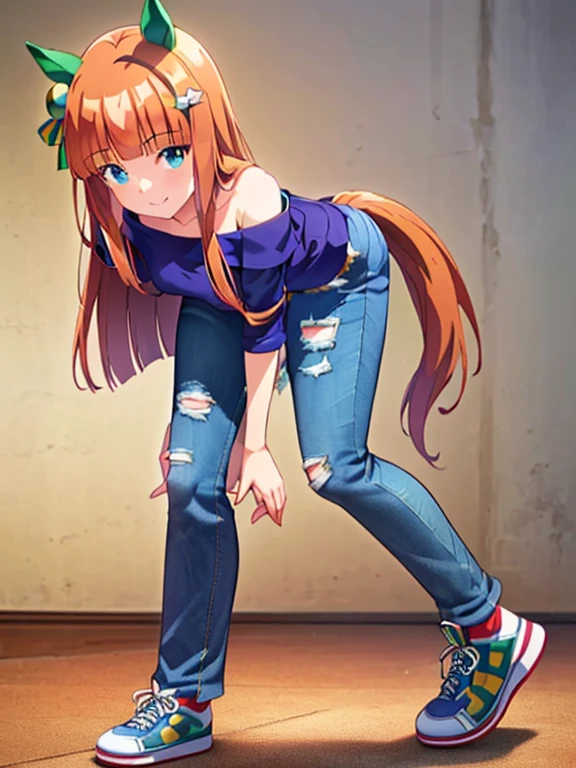 Silence Suzuka\(umamusume\), ((highest quality))、((masterpiece))、Ultra-high resolution、、(Anime 2D Rendering, Realistic young anime woman),
Beautiful body, Beautiful thighs, Beautiful feet, White beautiful skin、
(Spread your chest wide、((Red off-shoulder)、(Blue skinny denim pants:1.4)、(sneakers))、
smile、Face towards the viewer、(whole body、Are standing)