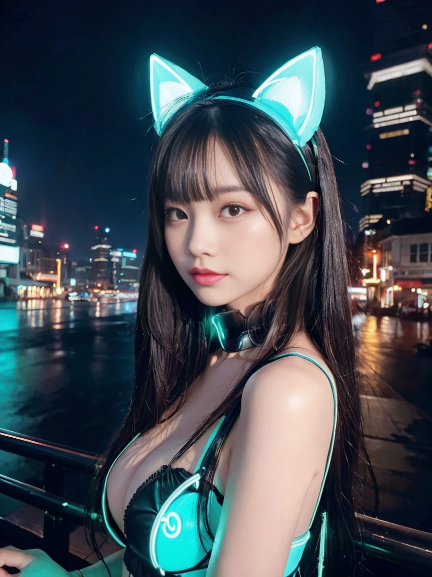 最high quality, masterpiece, 32k、Super detailed、realistic、1 girl, japanese woman、cute face, (photo actual:1.3), edge lighting, (high detail skin:1.2), 8K超High resolution, Single-lens reflex camera, high quality, High resolution, 4k, 8K, Optimal ratio of 4 fingers to 1 thumb, (actual:1.3), Green and blue neon cat ears headband、cute 1 girl, realistic、Super realistic、32k、Super detailed、masterpiece, 最high quality, beautiful girl, beauty、small breasts, Mecha, beautiful lighting, (neon light:1.2), (night:1.5), Cyberpunk Costume、sitting,Cyber Neon、future city、Skyscraper、City night、Shanghai、big city、night scene、Beautiful night scene