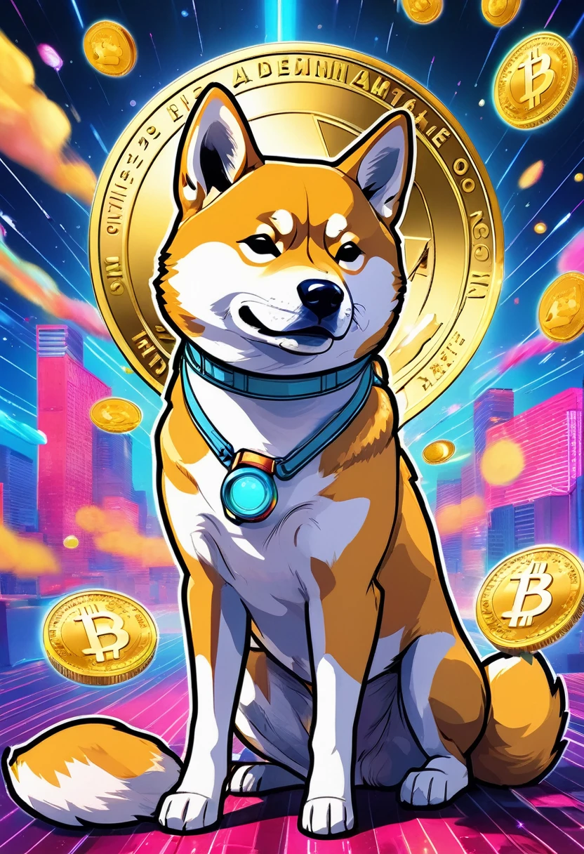 (best quality,4k,8k,highres,masterpiece:1.2),ultra-detailed,(realistic,photorealistic,photo-realistic:1.37),a Shiba Inu,dogecoin artstyle,aesthetic,memorable eyes,cheerful expression,cute round face,fluffy ears,curled tail,playful demeanor,vibrant colors,comic book illustration,vibrant background,digital painting,humorous depiction,stylized rendering,dynamic pose,suchi big doge,comic style shading,comic bubbles,elevated height perspective,shiba wearing sunglasses,dogecoin logo in the background,doge cryptocurrency mascot,eye-catching composition,funny captions,retro comic aesthetic,motion lines,emphasis of wow factor,doge meme reference,colorful bokeh lights,,impactful lighting,modern pop art influences,attention to brand identity,stylized typography,playful typography design,detailed fur texture,digital brush strokes.