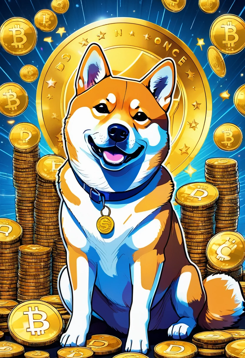 (best quality,4k,8k,highres,masterpiece:1.2),ultra-detailed,(realistic,photorealistic,photo-realistic:1.37),a Shiba Inu,dogecoin artstyle,aesthetic,memorable eyes,cheerful expression,cute round face,fluffy ears,curled tail,playful demeanor,vibrant colors,comic book illustration,vibrant background,digital painting,humorous depiction,stylized rendering,dynamic pose,suchi big doge,comic style shading,comic bubbles,elevated height perspective,shiba wearing sunglasses,dogecoin logo in the background,doge cryptocurrency mascot,eye-catching composition,funny captions,retro comic aesthetic,motion lines,emphasis of wow factor,doge meme reference,colorful bokeh lights,,impactful lighting,modern pop art influences,attention to brand identity,stylized typography,playful typography design,detailed fur texture,digital brush strokes.