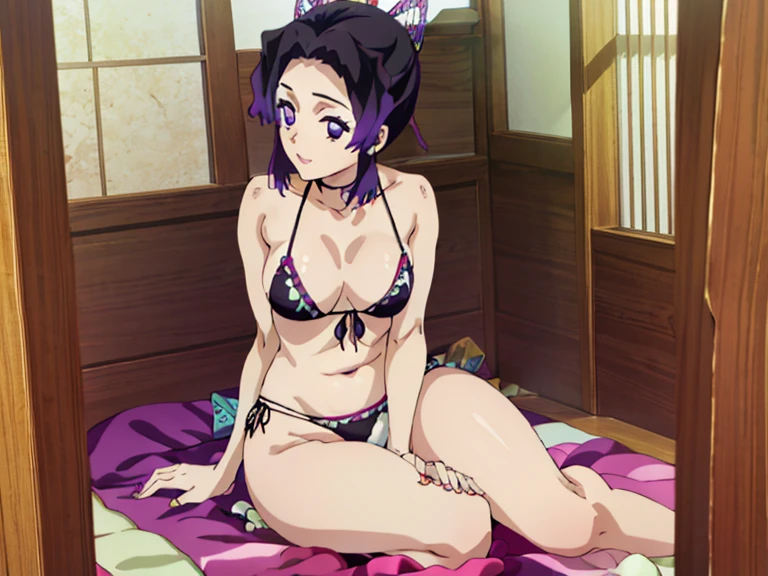 EFT_Shinobu, 1girl, kochou shinobu, butterfly hair ornament, solo, hair ornament, purple hair, multicolored hair, purple eyes, black hair, medium breast, (bikini), seductive smile, looking at viewer, blurry background, indoors, japanese house, full body, slim, ((masterpiece)), best quality, high detailed illustration, high detailed background, hi-res, bare legs, bare feet