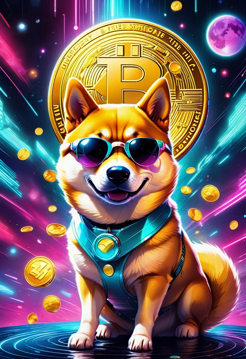 (best quality,4k,8k,highres,masterpiece:1.2),ultra-detailed,(realistic,photorealistic,photo-realistic:1.37),a Shiba Inu,dogecoin artstyle,aesthetic,memorable eyes,cheerful expression,cute round face,fluffy ears,curled tail,playful demeanor,vibrant colors,comic book illustration,vibrant background,digital painting,humorous depiction,stylized rendering,dynamic pose,suchi big doge,comic style shading,comic bubbles,elevated height perspective,shiba wearing sunglasses,dogecoin logo in the background,doge cryptocurrency mascot,eye-catching composition,funny captions,retro comic aesthetic,motion lines,emphasis of wow factor,doge meme reference,colorful bokeh lights,,impactful lighting,modern pop art influences,attention to brand identity,stylized typography,playful typography design,detailed fur texture,digital brush strokes.