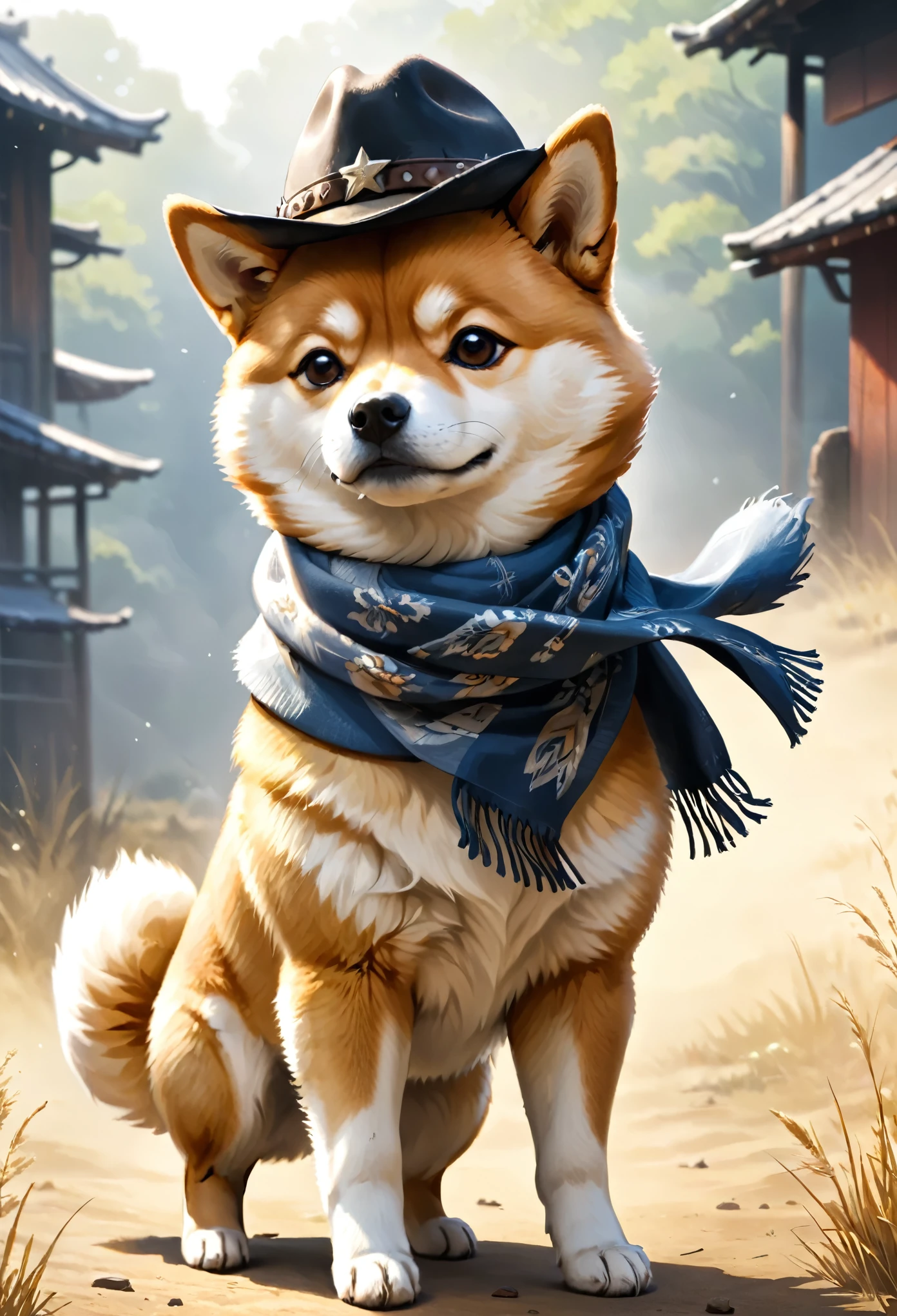 cowboy:((Shiba Inu)),cowboyの衣装:detailed,cowboyハット,scarf,Gunman,Western Background,複雑なdetailed,Beautiful light and shadow,hard boiled,Animal anthropomorphism,Shiba Inuの擬人化,cool,フワフワのShiba Inu,Fluffy texture