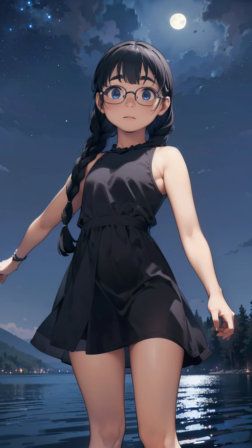 8K quality,(super masterpiece:1.3),highest quality,Detailed Images,1 female,symmetrical beauty,20th Generation,Medium build(Black Hair,Curly Hair,With bangs,Two braids),(Thick eyebrows,Thick eyebrows),(Rimless Glasses,Thin-rimmed glasses,Small glasses),(Blue Eyes,blue eyes),(Fantastic night sky background,Star of the sky,Lake at night,Lake at night畔,full moon),(With open arms,Standing on the surface of the water),(Face directly towards the camera,Looking directly at the viewer,looking at the camera,The body faces the viewer,The body is facing the direction of the camera,Face looking straight into the camera). 